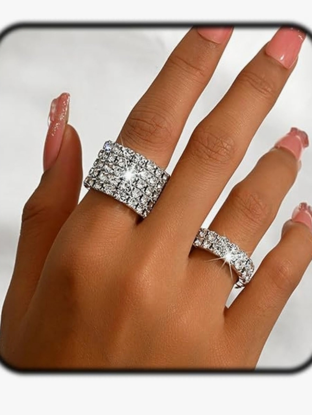Sparkling Silver Crystal Wide Band Ring - Women Jewelry